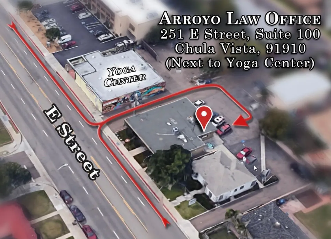 Aerial map showing Arroyo Law Office at 251 E Street, Suite 100, Chula Vista — next to the Yoga Center