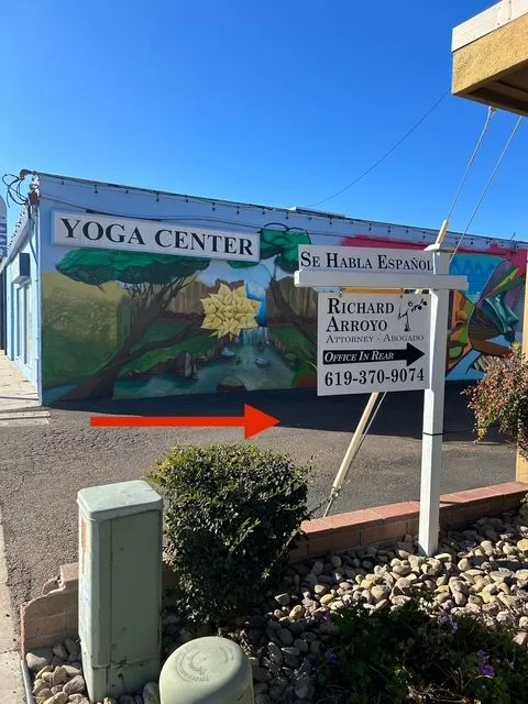 Yoga Center mural and sign directing to Richard Arroyo — Office in Rear